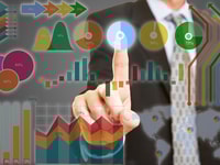 Compliance, Hand using touchscreen with financial data analysis and graphs