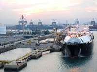 Liquefied natural gas LNG Tanker docked at Port