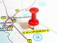Close up of California state USA map with red pin - Travel concept