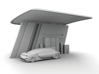CMYK 300_Clay rendering of Fuel Cell powered autonomous car filling gas in Fuel Cell Hydrogen Station. 3D rendering image