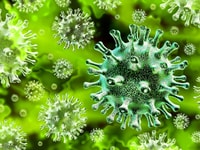 Coronavirus deadly outbreak and coronaviruses influenza background as dangerous flu strain cases as a pandemic medical health risk concept with disease cells as a 3D render.