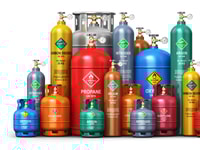 Fuel industry manufacturing business concept 3D render of metal containers or cylinders with liquefied compressed natural gases LNG or LPG with high pressure gauge meters and valves isolated on white