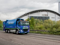 Grundon dual fuel hydrogen diesel waste wheeler in front of the Lakeside Energy from Waste facility copy