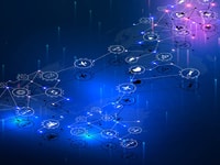 Internet of things (IOT), devices and connectivity concepts on a network. Spider web of network connections with on a futuristic blue background