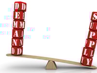 Supply outweighs demand. The surplus. The words SUPPLY and DEMAND (made from red cubes with letters) are weighed in the balance. The word SUPPLY outweighs the word DEMAND. Isolated. 3D Illustration_RGB