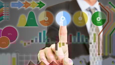 Compliance, Hand using touchscreen with financial data analysis and graphs