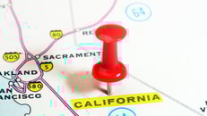 Close up of California state USA map with red pin - Travel concept