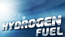 Hydrogen Fuel car 3D plate concept placed on glossy-metallic car body like surface. New technology ecologic car symbol concept.