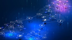 Internet of things (IOT), devices and connectivity concepts on a network. Spider web of network connections with on a futuristic blue background