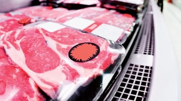 Supermarket shelves meat freezer