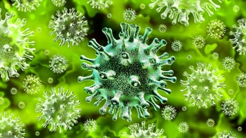 Coronavirus deadly outbreak and coronaviruses influenza background as dangerous flu strain cases as a pandemic medical health risk concept with disease cells as a 3D render.
