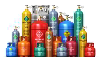 Fuel industry manufacturing business concept 3D render of metal containers or cylinders with liquefied compressed natural gases LNG or LPG with high pressure gauge meters and valves isolated on white