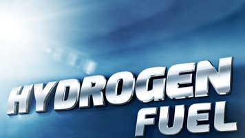 Hydrogen Fuel car 3D plate concept placed on glossy-metallic car body like surface. New technology ecologic car symbol concept.