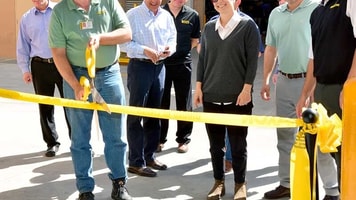 Maxon Lift Ribbon Cutting: From left to right: Raymundo Sidon, Denny Martin, Bill Moore, John Prahl, Mario Morga, Maxine Stratton, Casey Lugash, and Brent Stratton.