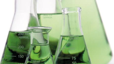 Green, Laboratory glass, conical Erlenmeyer, flasks, experiment, science research lab
