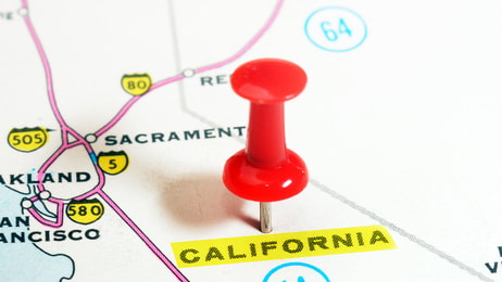 Close up of California state USA map with red pin - Travel concept