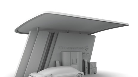 CMYK 300_Clay rendering of Fuel Cell powered autonomous car filling gas in Fuel Cell Hydrogen Station. 3D rendering image
