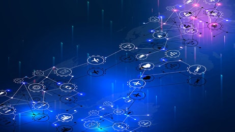 Internet of things (IOT), devices and connectivity concepts on a network. Spider web of network connections with on a futuristic blue background