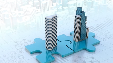 merger and acquisition business concepts, join company on puzzle pieces, 3d render  2