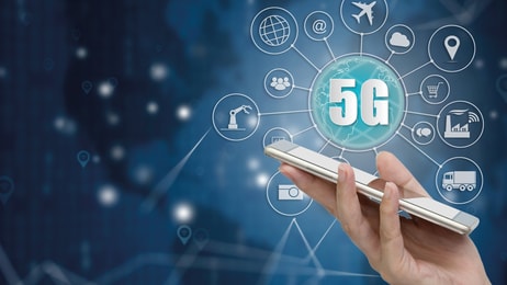 RGB 96_5G network wireless systems and internet of things, Smart city and communication network with smartphone in hand and objects icon connecting together, Connect global wireless devices