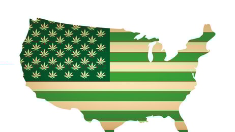 RGB 96_Usa map as green flag with cannabis leaf. Vector image