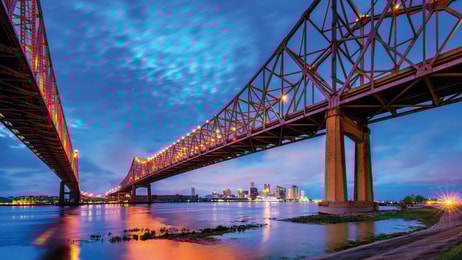 Skyline of New Orleans with Mississippi River at Dusk