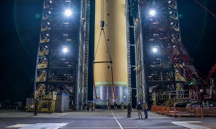 Space Launch System’s hydrogen tank loaded into test stand